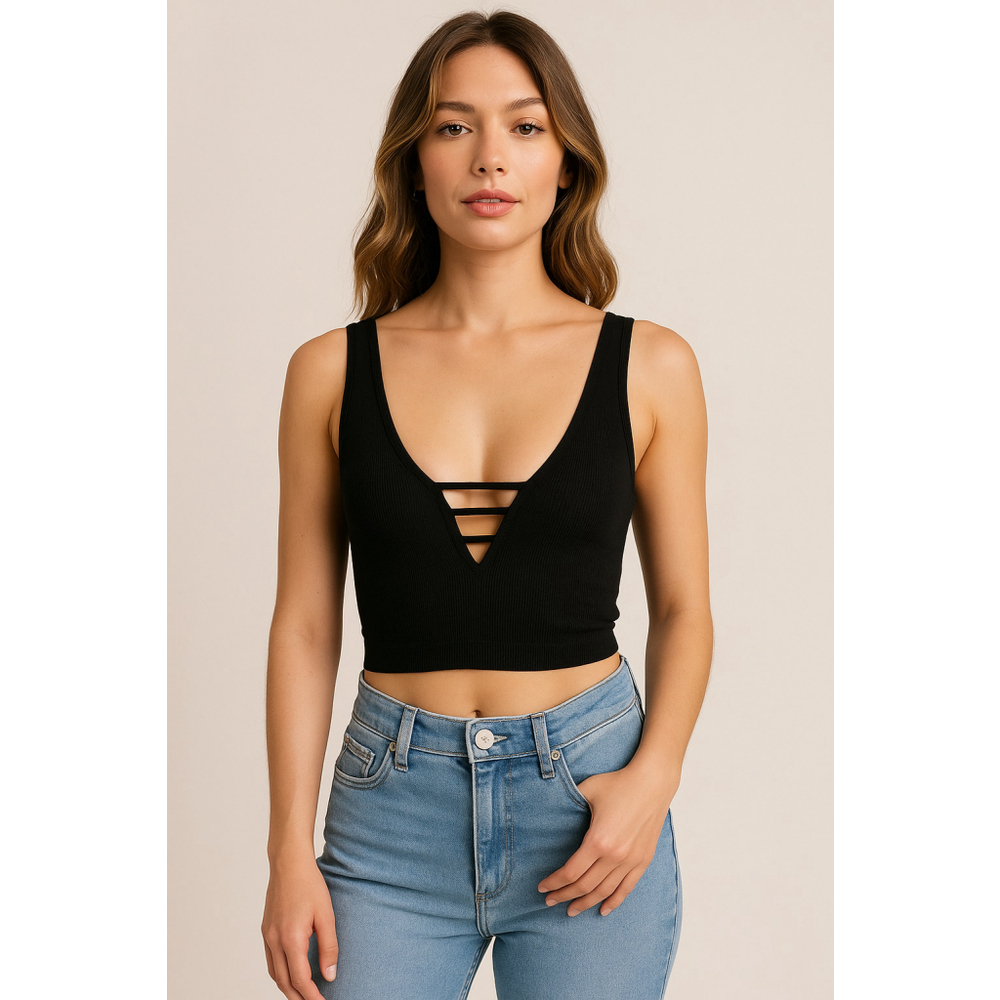 Chroma Tale Black Strappy V-Neck Crop Top Y2K Clubwear M/L
